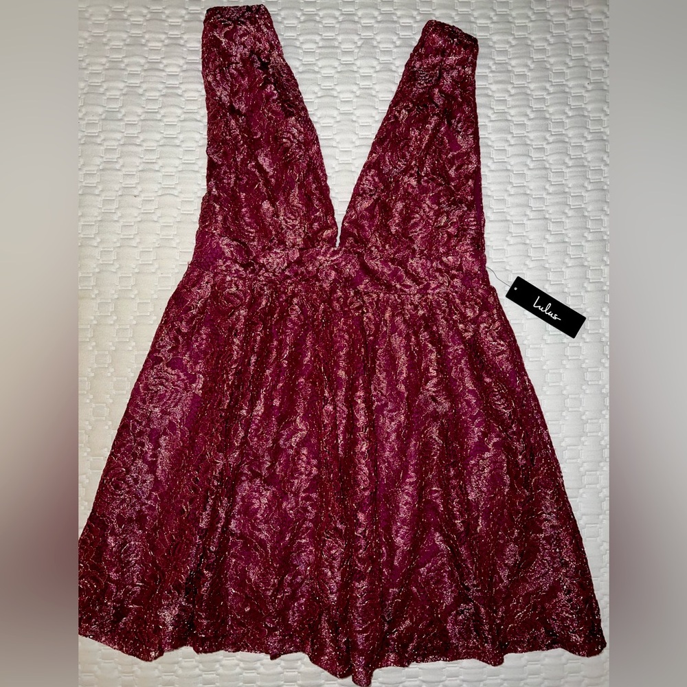Tawny Magenta Metallic Lace Skater Dress from Lulu’s